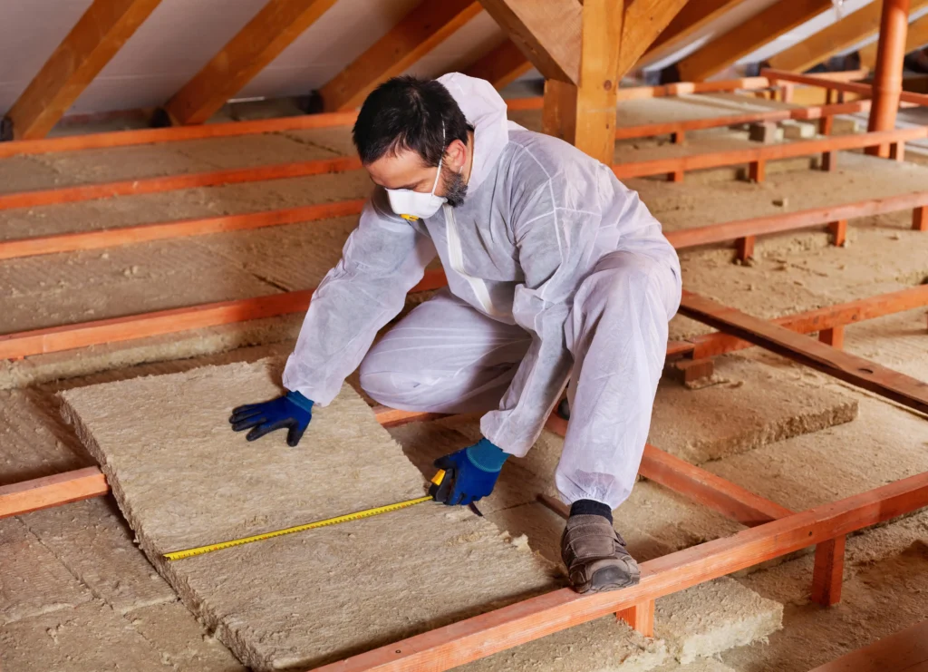 Edmonton insulation contractor measuring mineral wool for attic installation
