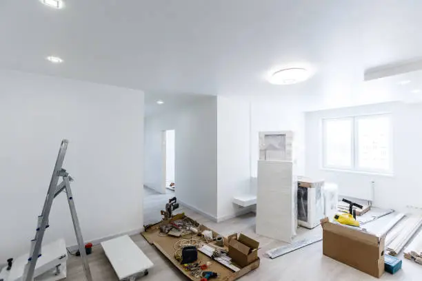 Room filled with interior finishing tools and materials