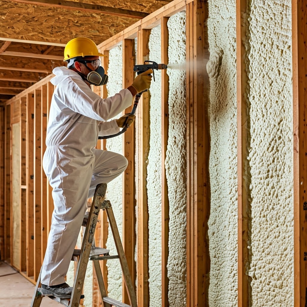 All Star Walls spray foam professionals applying foam insulation to wall framing in Edmonton